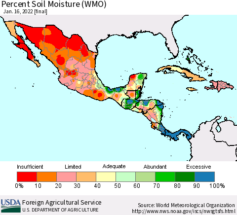 Mexico Central America and the Caribbean Percent Soil Moisture (WMO) Thematic Map For 1/10/2022 - 1/16/2022