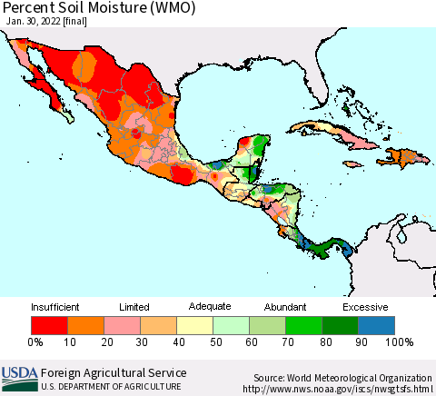 Mexico Central America and the Caribbean Percent Soil Moisture (WMO) Thematic Map For 1/24/2022 - 1/30/2022