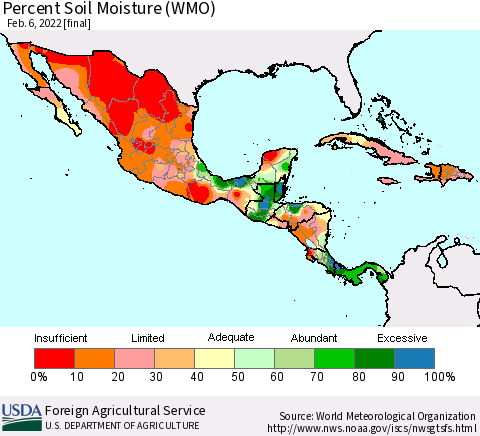 Mexico Central America and the Caribbean Percent Soil Moisture (WMO) Thematic Map For 1/31/2022 - 2/6/2022