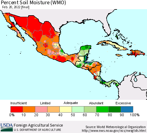Mexico Central America and the Caribbean Percent Soil Moisture (WMO) Thematic Map For 2/14/2022 - 2/20/2022