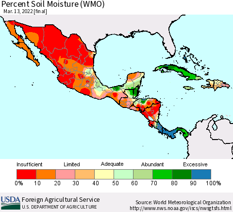 Mexico Central America and the Caribbean Percent Soil Moisture (WMO) Thematic Map For 3/7/2022 - 3/13/2022