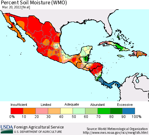Mexico Central America and the Caribbean Percent Soil Moisture (WMO) Thematic Map For 3/14/2022 - 3/20/2022