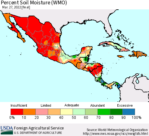 Mexico Central America and the Caribbean Percent Soil Moisture (WMO) Thematic Map For 3/21/2022 - 3/27/2022