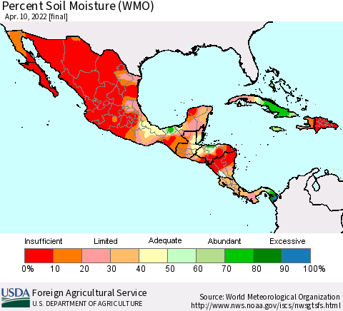 Mexico Central America and the Caribbean Percent Soil Moisture (WMO) Thematic Map For 4/4/2022 - 4/10/2022