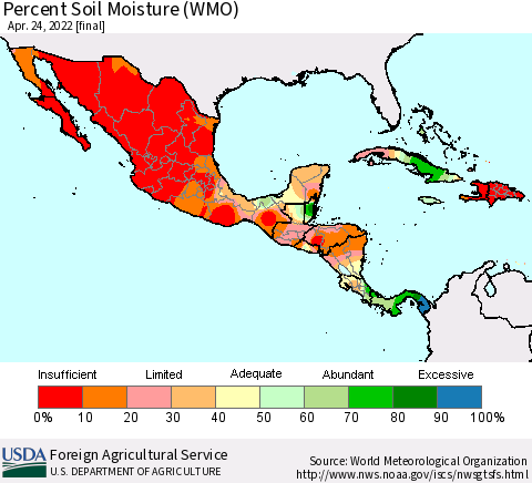 Mexico Central America and the Caribbean Percent Soil Moisture (WMO) Thematic Map For 4/18/2022 - 4/24/2022