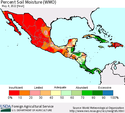 Mexico Central America and the Caribbean Percent Soil Moisture (WMO) Thematic Map For 5/2/2022 - 5/8/2022