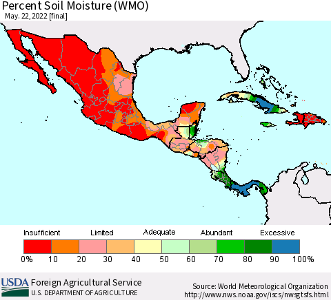 Mexico Central America and the Caribbean Percent Soil Moisture (WMO) Thematic Map For 5/16/2022 - 5/22/2022
