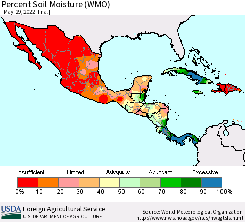 Mexico Central America and the Caribbean Percent Soil Moisture (WMO) Thematic Map For 5/23/2022 - 5/29/2022