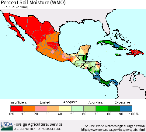 Mexico Central America and the Caribbean Percent Soil Moisture (WMO) Thematic Map For 5/30/2022 - 6/5/2022