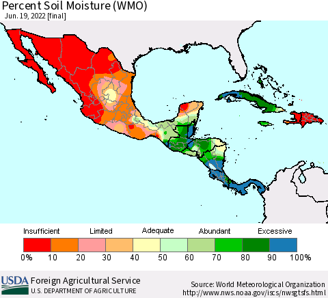 Mexico Central America and the Caribbean Percent Soil Moisture (WMO) Thematic Map For 6/13/2022 - 6/19/2022