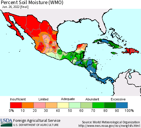 Mexico Central America and the Caribbean Percent Soil Moisture (WMO) Thematic Map For 6/20/2022 - 6/26/2022
