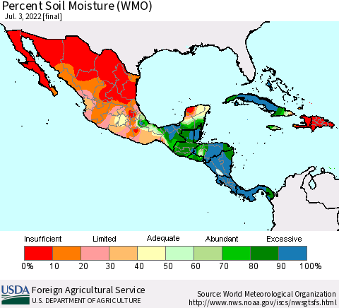 Mexico Central America and the Caribbean Percent Soil Moisture (WMO) Thematic Map For 6/27/2022 - 7/3/2022
