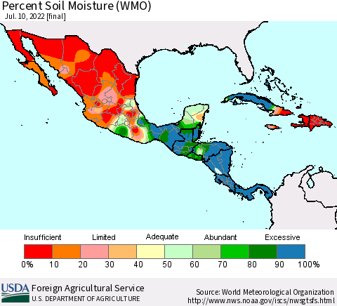 Mexico Central America and the Caribbean Percent Soil Moisture (WMO) Thematic Map For 7/4/2022 - 7/10/2022