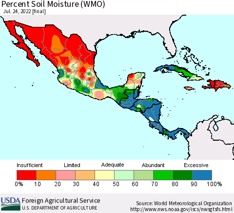 Mexico Central America and the Caribbean Percent Soil Moisture (WMO) Thematic Map For 7/18/2022 - 7/24/2022
