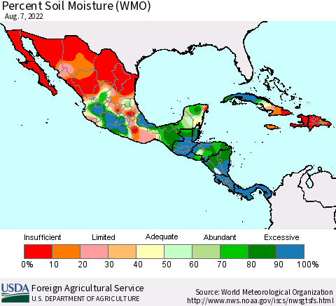 Mexico Central America and the Caribbean Percent Soil Moisture (WMO) Thematic Map For 8/1/2022 - 8/7/2022