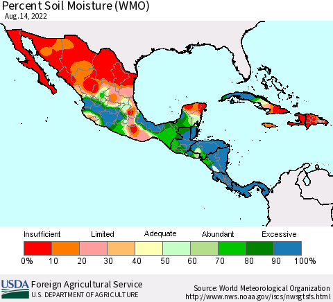 Mexico Central America and the Caribbean Percent Soil Moisture (WMO) Thematic Map For 8/8/2022 - 8/14/2022