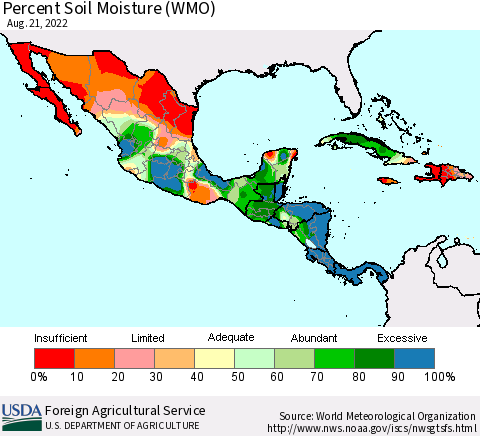 Mexico Central America and the Caribbean Percent Soil Moisture (WMO) Thematic Map For 8/15/2022 - 8/21/2022