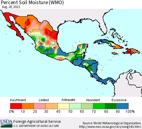 Mexico Central America and the Caribbean Percent Soil Moisture (WMO) Thematic Map For 8/22/2022 - 8/28/2022