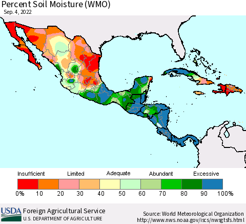 Mexico Central America and the Caribbean Percent Soil Moisture (WMO) Thematic Map For 8/29/2022 - 9/4/2022