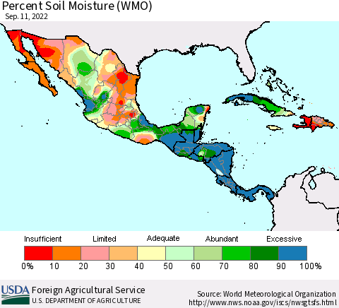 Mexico Central America and the Caribbean Percent Soil Moisture (WMO) Thematic Map For 9/5/2022 - 9/11/2022
