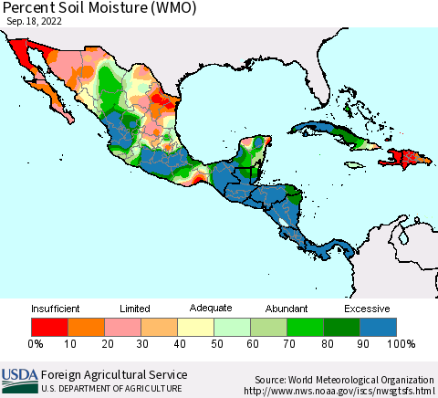 Mexico Central America and the Caribbean Percent Soil Moisture (WMO) Thematic Map For 9/12/2022 - 9/18/2022