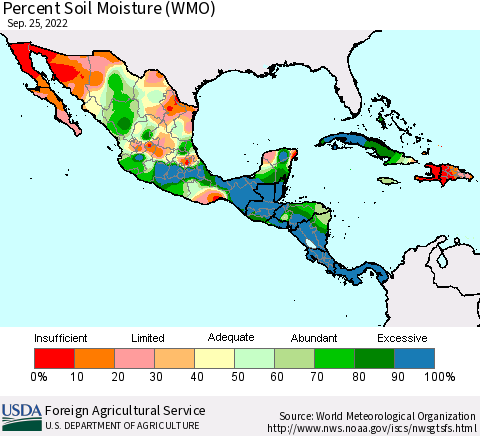 Mexico Central America and the Caribbean Percent Soil Moisture (WMO) Thematic Map For 9/19/2022 - 9/25/2022