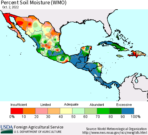 Mexico Central America and the Caribbean Percent Soil Moisture (WMO) Thematic Map For 9/26/2022 - 10/2/2022