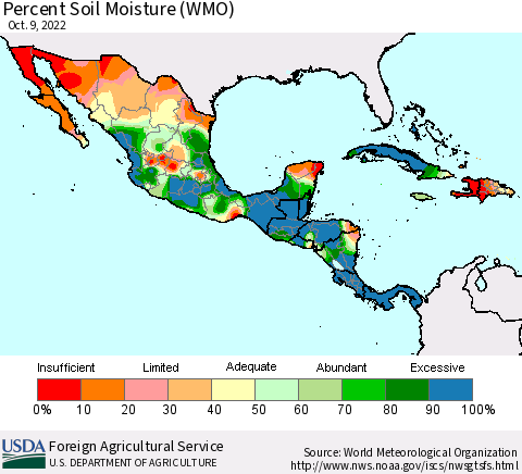 Mexico Central America and the Caribbean Percent Soil Moisture (WMO) Thematic Map For 10/3/2022 - 10/9/2022