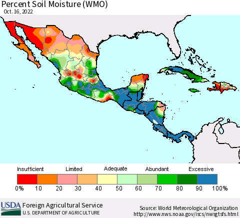 Mexico Central America and the Caribbean Percent Soil Moisture (WMO) Thematic Map For 10/10/2022 - 10/16/2022