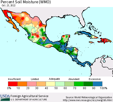 Mexico Central America and the Caribbean Percent Soil Moisture (WMO) Thematic Map For 10/17/2022 - 10/23/2022