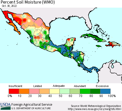 Mexico Central America and the Caribbean Percent Soil Moisture (WMO) Thematic Map For 10/24/2022 - 10/30/2022