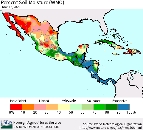 Mexico Central America and the Caribbean Percent Soil Moisture (WMO) Thematic Map For 11/7/2022 - 11/13/2022