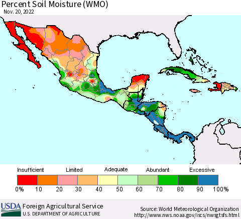Mexico Central America and the Caribbean Percent Soil Moisture (WMO) Thematic Map For 11/14/2022 - 11/20/2022