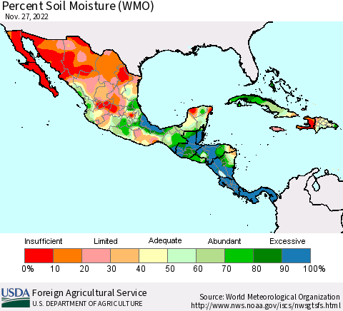Mexico Central America and the Caribbean Percent Soil Moisture (WMO) Thematic Map For 11/21/2022 - 11/27/2022
