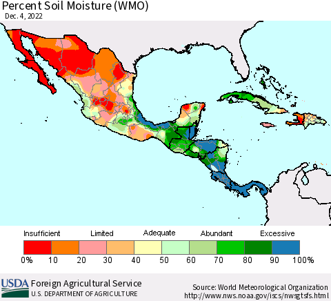 Mexico Central America and the Caribbean Percent Soil Moisture (WMO) Thematic Map For 11/28/2022 - 12/4/2022