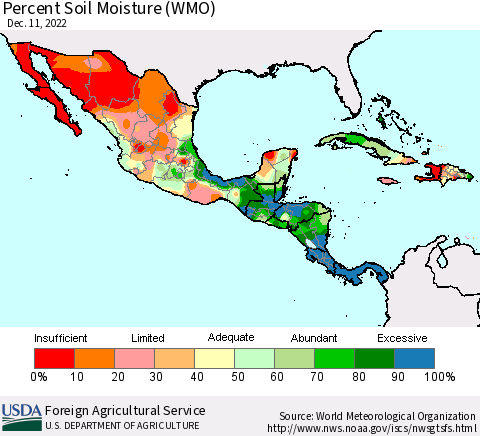 Mexico Central America and the Caribbean Percent Soil Moisture (WMO) Thematic Map For 12/5/2022 - 12/11/2022