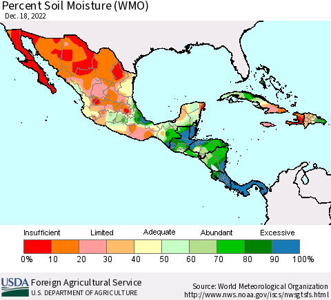 Mexico Central America and the Caribbean Percent Soil Moisture (WMO) Thematic Map For 12/12/2022 - 12/18/2022