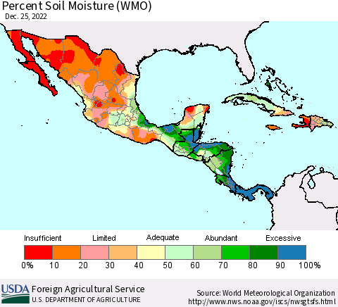Mexico Central America and the Caribbean Percent Soil Moisture (WMO) Thematic Map For 12/19/2022 - 12/25/2022