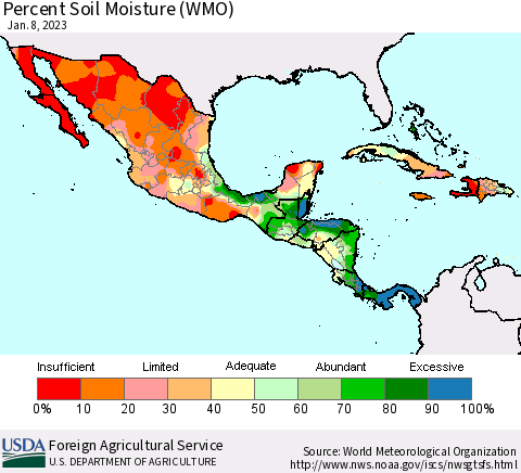 Mexico Central America and the Caribbean Percent Soil Moisture (WMO) Thematic Map For 1/2/2023 - 1/8/2023