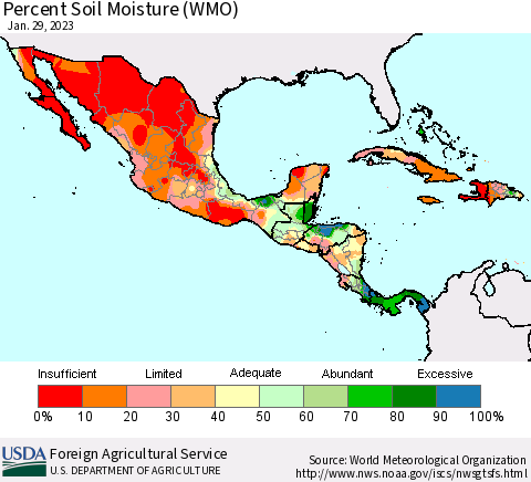Mexico Central America and the Caribbean Percent Soil Moisture (WMO) Thematic Map For 1/23/2023 - 1/29/2023