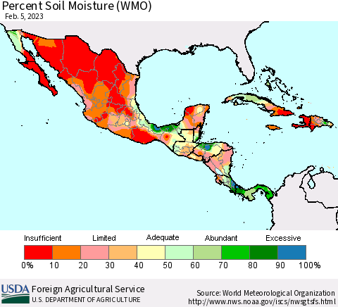 Mexico Central America and the Caribbean Percent Soil Moisture (WMO) Thematic Map For 1/30/2023 - 2/5/2023