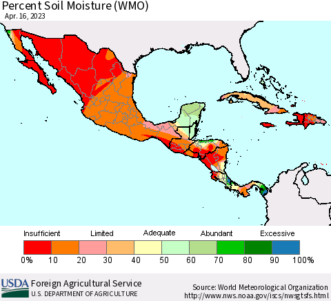 Mexico Central America and the Caribbean Percent Soil Moisture (WMO) Thematic Map For 4/10/2023 - 4/16/2023