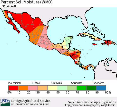 Mexico Central America and the Caribbean Percent Soil Moisture (WMO) Thematic Map For 4/17/2023 - 4/23/2023