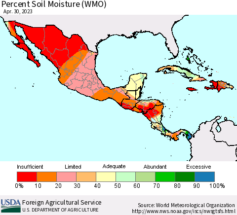Mexico Central America and the Caribbean Percent Soil Moisture (WMO) Thematic Map For 4/24/2023 - 4/30/2023