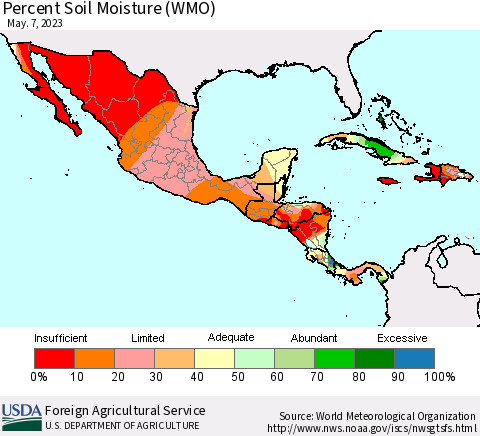 Mexico Central America and the Caribbean Percent Soil Moisture (WMO) Thematic Map For 5/1/2023 - 5/7/2023