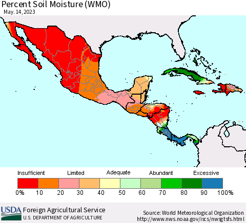 Mexico Central America and the Caribbean Percent Soil Moisture (WMO) Thematic Map For 5/8/2023 - 5/14/2023