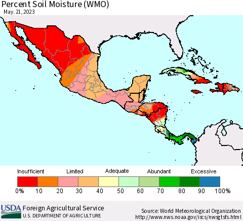 Mexico Central America and the Caribbean Percent Soil Moisture (WMO) Thematic Map For 5/15/2023 - 5/21/2023