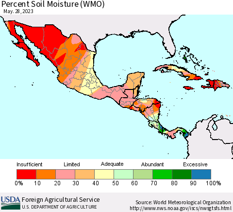 Mexico Central America and the Caribbean Percent Soil Moisture (WMO) Thematic Map For 5/22/2023 - 5/28/2023