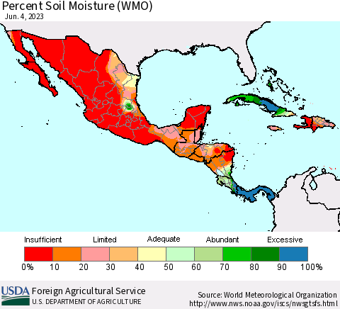 Mexico Central America and the Caribbean Percent Soil Moisture (WMO) Thematic Map For 5/29/2023 - 6/4/2023