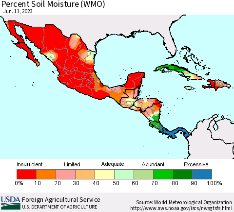 Mexico Central America and the Caribbean Percent Soil Moisture (WMO) Thematic Map For 6/5/2023 - 6/11/2023